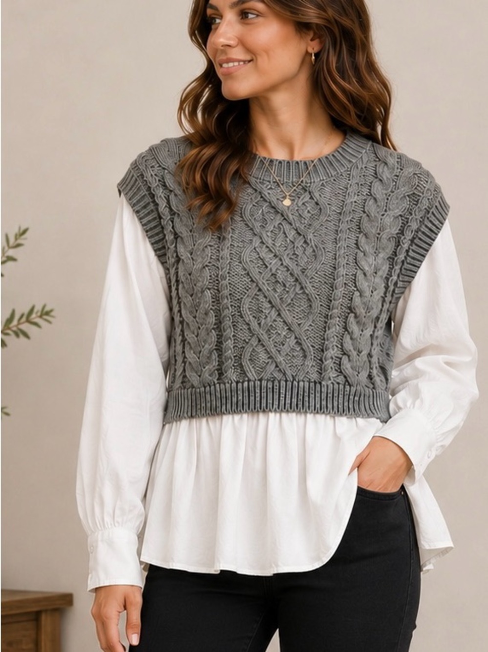 Blu Pepper Cable Knit Sweater Vest Layered Peplum Blouse Womens S Cottagecore